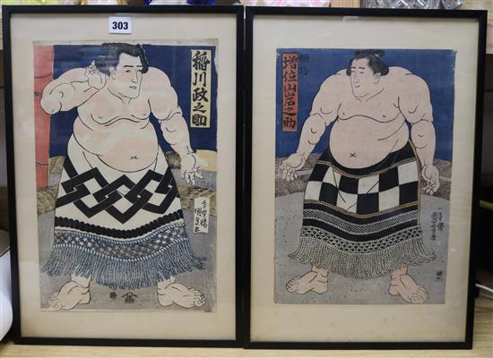 Kuniyoshi - pair of Japanese woodblock prints of Sumo wrestlers 39 x 26cm.
